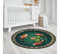 UERWOWELL Green Lotus Pond Circle Round Rugs 100cm Japanese Style Koi Fish Pattern Low Pile Carpet Oriental Carp Art Floor Decor for Living Room