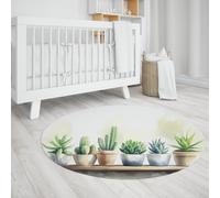 UERWOWELL Greenery Decor Round Rugs Tropical Cactus & Succulent Plant Pot Pattern Thin Carpet for Living Room Bedroom Kitchen Farmhouse 120cm