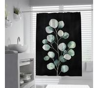 UERWOWELL Grey-green Eucalyptus Leaves Shower Curtain Watercolor Botanical Design Bath Curtain Black Background Waterproof Fabric Bathroom Decor W150xL180 cm