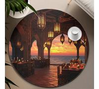 UERWOWELL Indoor Outdoor Round Rugs Non Slip Thin Seaside Sunset Exotic Style Archway & Lanterns Pattern Carpet for Living Dining Room 200cm