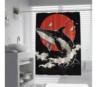 UERWOWELL Japanese-Inspired Art Shower Curtain Elegant Whale Silhouette Leaping over Ocean Waves with Red Moon and Flying Birds Shower Curtain Waterproof W150xL200 cm