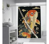 UERWOWELL Japanese Samurai Koi Fish Shower Curtain Ukiyo-E Tattoo Style Carp Warrior with Katana Sword Waterproof Washable Fabric Shower Curtain W120xL180 cm