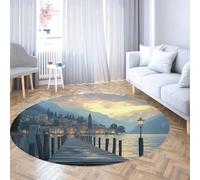 UERWOWELL Lakefront Sunset Round Rugs 90cm Evening Dock & Buildings & Mountain Landscape Large Thin Circle Carpet for Bedside Living Room Patio