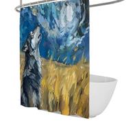 UERWOWELL Lone Wolf on the Prairie Shower Curtain Wheat Field Swirling Starry Sky Shower Curtains Impressionist Style for Bathtubs Decor Washable W120xL180 cm