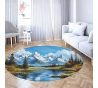 UERWOWELL Low Pile Washable Round Rugs Snowy Peaks Pine Forest Lake Reflection Print Floor Carpet Living Study Room Bedroom Office Cabin 120cm