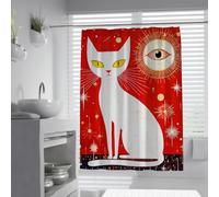 UERWOWELL Mid-Century Modern Shower Curtain Minimalist White Cat Cosmic Sun Eye Design Red Background Bathroom Decor Shower Curtain Quick Dry with Hooks W150xL200 cm
