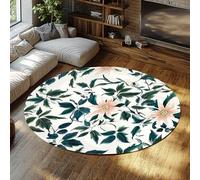 UERWOWELL Minimalist Style Round Rugs Non Slip Washable Green Leaf and Pink Flower Pattern Thin Floor Mat for Bedroom Living Room Classroom 200cm