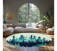 UERWOWELL Modern Urban Round Rugs 140cm Blue & Green Classical Buildings Trees Print Thin Circle Carpet for Bedroom Living Room Office Washable