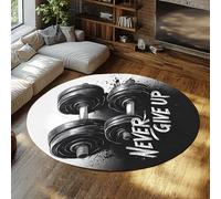 UERWOWELL Motivational Fitness Round Rugs 120cm Black and Gray Dumbbell Design Carpet for Gym Workout Modern Home Decor Washable Thin Floor Mats