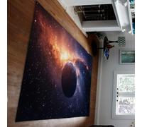 UERWOWELL Mysterious Space Floor Mat 150x210cm Deep Blue Planet and Orange Nebula Print Area Rugs Low Pile Washable Laundry Room Entryway Decor
