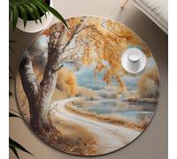 UERWOWELL Nature Scene Round Rugs Non Slip Low Pile Autumn Golden Forest Road with River Pattern Carpet for Living Study Room Classroom 120cm