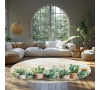 UERWOWELL Non Slip Round Rugs Tropical Green Cactus & Succulent Plant Pot Pattern Thin Carpet for Living Room Bedroom Kitchen Farmhouse 150cm
