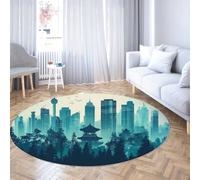 UERWOWELL Non Slip Washable Round Rugs 150cm Blue & Green Abstract City Buildings Trees Print Thin Circle Carpet for Bedroom Living Room Kitchen