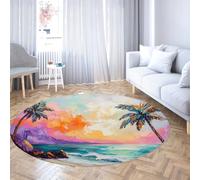UERWOWELL Oil Painting Style Round Rug 160cm Vibrant Palm Trees Beach Landscape Thin Floor Mats for Living Room Bedroom Relaxing Home Decor