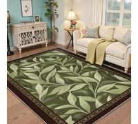 UERWOWELL Olive Green Office Rugs 200x300cm Brown Border Monochromatic Leaf Pattern Low Pile Washable Carpet for Living Room Bedroom Kitchen Décor