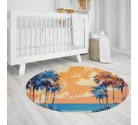 UERWOWELL Orange Sky Round Rug 90cm Vibrant Palm Trees Blue Ocean Landscape Low Pile Floor Mats for Living Room Bedroom Relaxing Home Decor