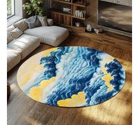 UERWOWELL Oriental Landscape Thin Carpet 120cm - Blue and Yellow Mountain Forest Mist Pattern Round Rugs Washable Study Room Library Museum Decor