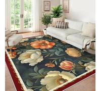 UERWOWELL Oriental Revival Kitchen Rugs 140x200cm Vintage Garden Floral Thin Floor Mats Red Border Carpet for Bedroom Dining Table Machine Washable