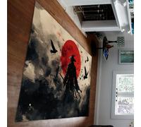 UERWOWELL Oriental Warrior Area Rug 80x150cm Red Moon and Flying Ravens Print Low Pile Carpets for Living Room Japanese Ukiyo-e Style Floor Decor