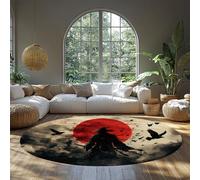 UERWOWELL Oriental Warrior Round Rugs 150cmRed Moon and Flying Ravens Print Low Pile Carpet for Living Room Japanese Ukiyo-e Style Floor Decor