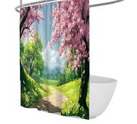 UERWOWELL Pastoral Cherry Blossom Path Shower Curtain Vibrant Pink Floral Trees Shower Curtain Whimsical Botanical Bathroom Decor Waterproof Fabric W150xL180 cm