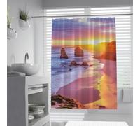 UERWOWELL Pink Sunset Ocean Beach Nature Scenery Shower Curtain Tropical Stone Island Landscape Waterproof Polyester Fabric Bathroom Decor with Hooks W180xL180 cm