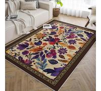 UERWOWELL Purple Boho Rugs 200x300cm Brown Border Low Pile Floor Mats Vibrant Flower & Leaf Pattern Carpet for Patio Apartment Retro Decor Easy Clean