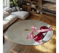 UERWOWELL Red Cherry Round Rugs 180cm Realistic Style Pink Ribbon Fruit Still Life Print Thin Circle Carpet for Dining Room Kitchen Floor Mats