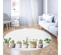 UERWOWELL Relaxing Style Round Rugs 150cm Garden Floral Green Potted Cacti & Daisies Print Thin Carpet for Living Nursery Room Bedroom Classroom