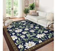 UERWOWELL Retro Floral 120x200cm Throw Rugs White Daisy & Green Leaf Pattern Low Pile Carpet for Guest Room Entry Nature Style Brown Border Floor Art