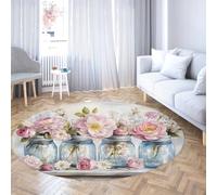UERWOWELL Romantic Floral Round Rugs Pastoral Style Glass Jars with Pink Rose Bouquet Print Thin Large Carpet for Bathroom Living Room 140cm