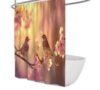 UERWOWELL Romantic Spring Day Shower Curtain Two Cute Birds Perched on a Branch with Pink Cherry Flowers Shower Curtain Birds and Blossoms Bathroom Curtains Waterproof W180xL200 cm