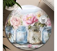 UERWOWELL Rustic Floral Round Rugs Pastoral Style Glass Jars with Pink Peonies Bouquet Print Thin Large Carpet for Bedroom Living Room 200cm
