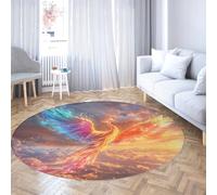 UERWOWELL Sea of Clouds Round Rug 120cm Sunrise Scenery Colorful Flying Phoenix Pattern Thin Carpets for Living Room Bedroom Washable Non Slip