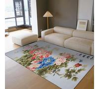 UERWOWELL Spring Floral Rug Pink & Blue Peony with Flying Butterflies Print Low Pile Carpets Chinese Lovers' Flower Bedroom Floor Decor 90x120cm