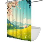 UERWOWELL Spring Meadow Shower Curtain Cherry Blossom Hills Shower Curtains for Bathroom Boho Decor Waterproof Polyester Fabric Bath Curtain Set with Hooks W240xL180 cm