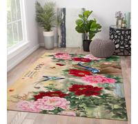 UERWOWELL Spring Seasonal Style Entry Rug 180x280cm Blooming Peonies & Blue Birds Print Carpets Auspicious Oriental Floral Non Slip Thin Floor Decor