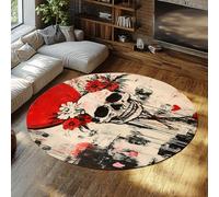 UERWOWELL Street Graffiti Art Round Rugs 90cm Gothic Skull Blooming Floral Pattern Low Pile Carpet Splash Boho Style Living Room Bedroom Decor