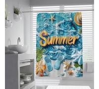 UERWOWELL Summer Ocean Shower Curtain Starfish Seashell Wave Shower Curtains for Beach Bathroom Decor Waterproof Polyester Bathtub Curtain for Apartment Bath W240xL180 cm