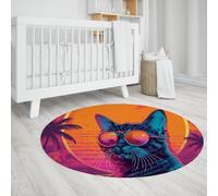 UERWOWELL Tropical Palm Trees Round Rug 100cm Sunset Scene Cat with Sunglasses Pattern Thin Carpets for Living Room Bedroom Washable Non Slip