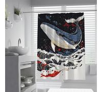 UERWOWELL Ukiyo-E Shower Curtain Decorative Whale Illustration Bath Curtains Modern Japanese Bathroom Curtain with Hooks Waterproof Quick Dry W120xL180 cm