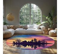 UERWOWELL Urban Art Round Carpets 180cm Vibrant Colors Sunset City Reflection Print Thin Washable Circle Rug for Living Room Bedroom Office
