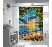 UERWOWELL Vibrant Coastal Island Sunrise Bathroom Shower Curtain Tropical Forest Shoreline Beach Shower Curtain for Bath Waterproof Washable Fabric W200xL200 cm