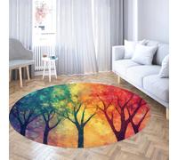 UERWOWELL Vibrant Forest Round Carpets 120cm Abstract Watercolor Red & Green Trees Print Thin Washable Circle Rug for Living Dining Room Balcony