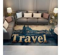 UERWOWELL Vintage Style Area Rugs 160x230cm Travel Typography and Gothic Architecture Print Washable Thin Carpet for Living Room Decor Floor Mats