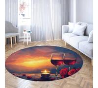 UERWOWELL Vintage Style Round Rugs 160cm Romantic Evening Candlelight Red Roses Wine Glasses Print Thin Circle Carpet for Bedroom Living Room