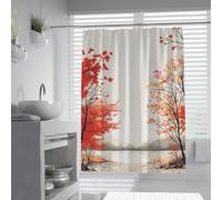 UERWOWELL Watercolor Autumn Bath Curtain Red Fall Tree River Bank Nature Landscape Art Shower Curtain for Chic Bathroom Decor Machine Washable W220xL180 cm