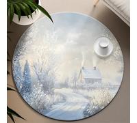 UERWOWELL Winter Landscape Round Rugs Countryside Snowfield and Cottage Print Thin Carpet Living Study Room Bedroom Holiday Home Decor 240cm