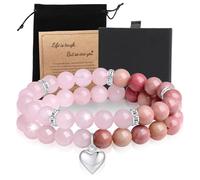 ueslwser 2Pcs Natural Gemstone Bead Bracelet, Heart Charm Bracelet for Women 8mm Crystal Bracelets,Healing Crystal Bracelet for Women Men Strand Stacking Gift for Women-Pink