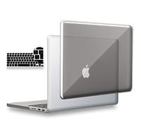 UESWILL 2in1 Glossy Crystal Clear Hard Shell Case with EU/UK Version Silicone Keyboard Cover Compatible with MacBook Pro 13 inch with Retina Display (A1502/A1425) + Microfibre Cleaning Cloth, Gray
